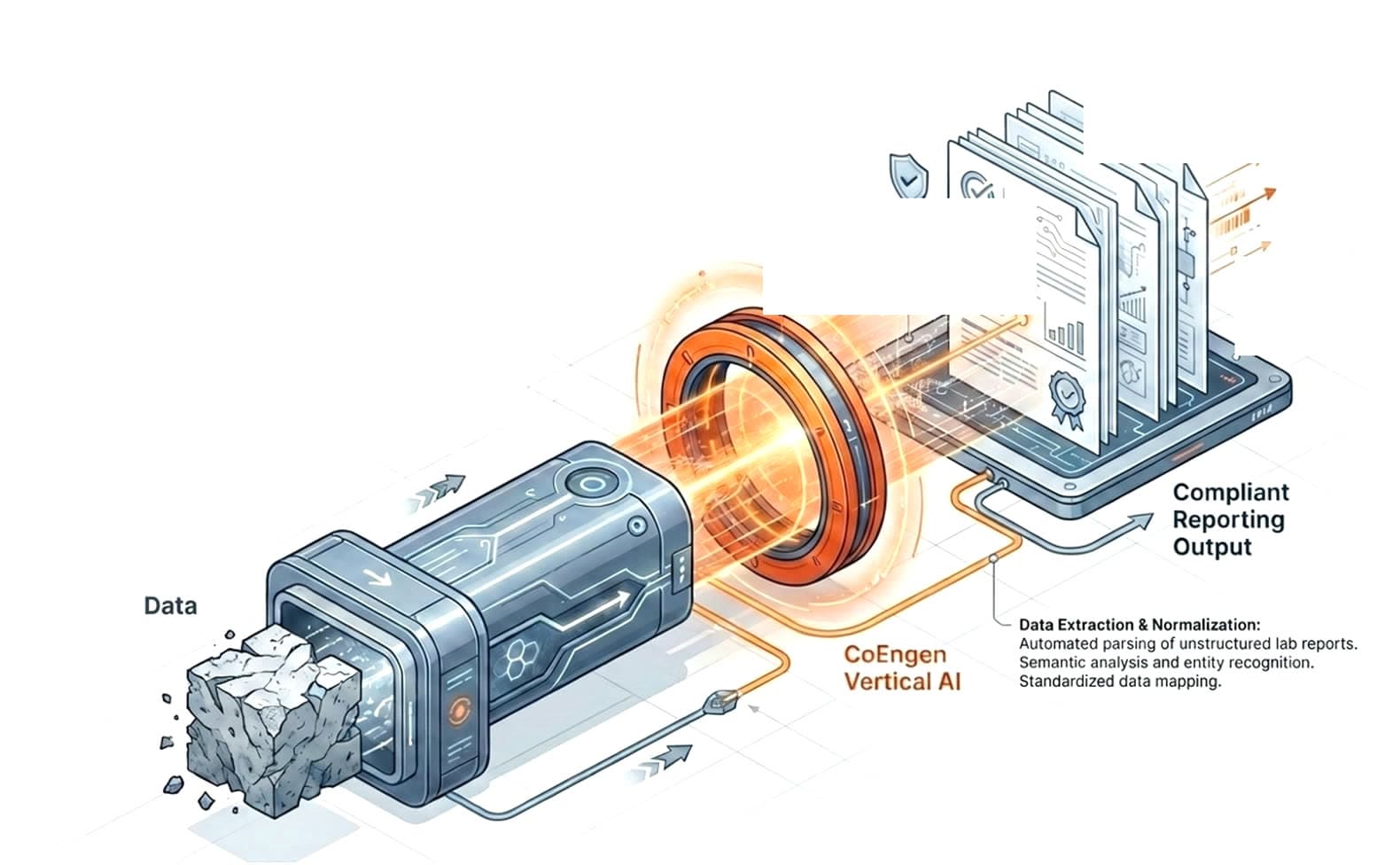 CoEngen pipeline: raw mining data flows into a CoEngen Vertical AI processor and exits as a stack of compliant reporting documents.